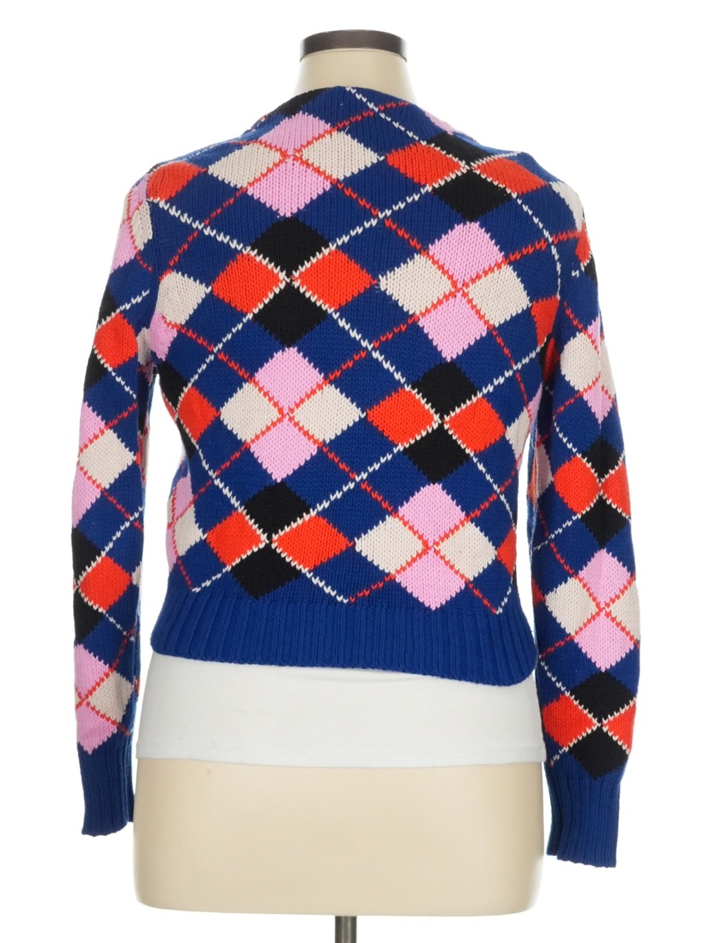 Ganni Blue Argyle V-Neck Cardigan with Pink and Red Accents - Picture 8 of 14